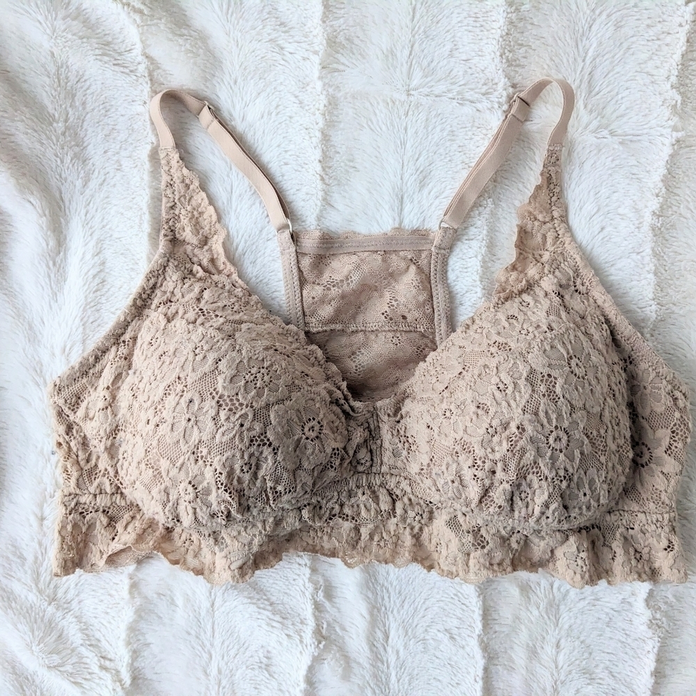 Aerie floral lace bra bralette nude beige Large